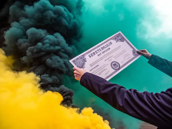 Hands holding a stock certificate with colorful smoke in the background symbolizing financial concepts