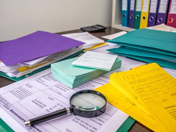 A cluttered desk with various financial documents including balance sheets, a magnifying glass, and colorful folders