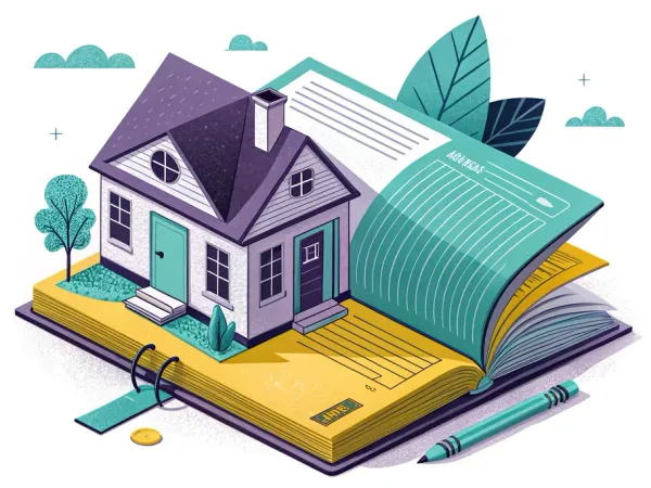 An illustration of an open ledger book transforming into a small house, symbolizing rent expense in accounting.