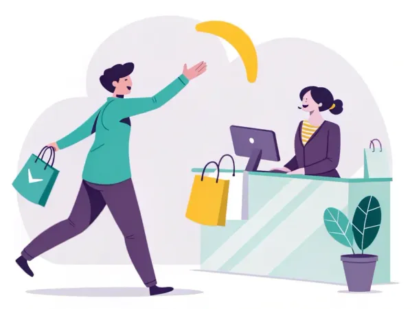 A customer throws a boomerang shaped like a product, returning to a surprised salesperson, illustrating sales return concepts.