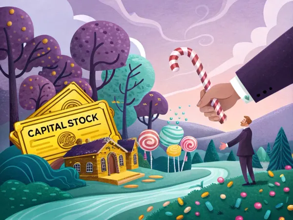 A whimsical scene depicting a businessperson handing out golden tickets labeled 'Capital Stock' in a fantastical landscape.