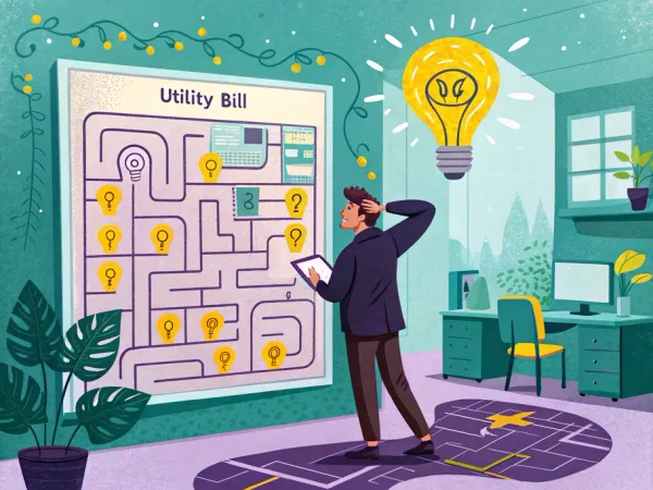 A young business owner looks perplexed at a giant utility bill transformed into a complex maze of numbers and utility icons.