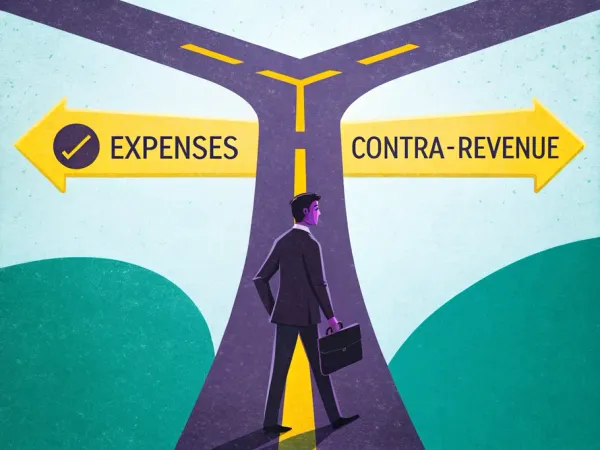 Illustration of a businessman at a crossroad, with signs pointing to 'Expenses' and 'Contra-Revenue'