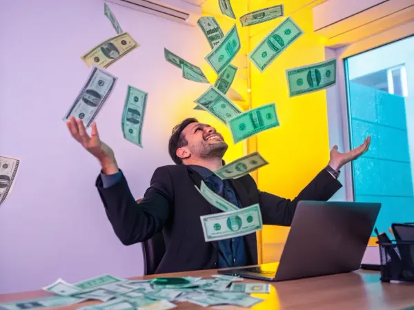 A satisfied business owner surrounded by swirling dollar bills, symbolizing cash flow from early payment discounts.