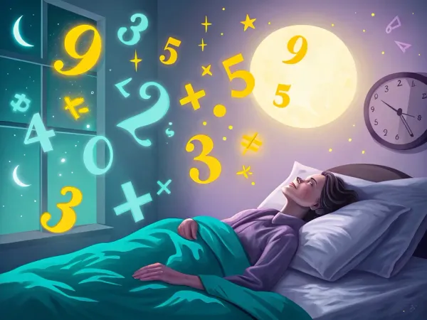 A surreal night scene of a person awake in bed surrounded by glowing accounting numbers and symbols.