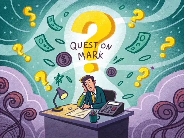 Illustration of a perplexed accountant surrounded by swirling question marks, currency symbols, and a large question mark highlighting the complexities of goodwill accounting.