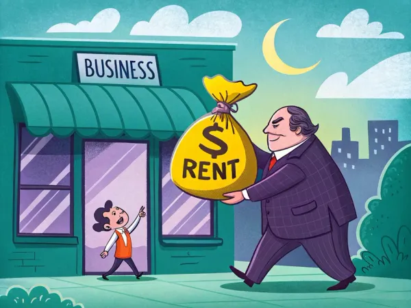 A cartoon of a small business owner handing over a big sack labeled 'Rent' to a tall landlord in front of a storefront.