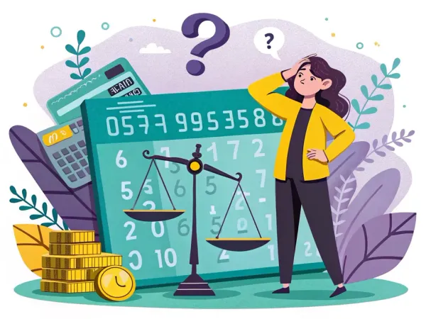 A whimsical illustration depicting a confused person before a wall of numbers and a scale, symbolizing the complexities of accounting.