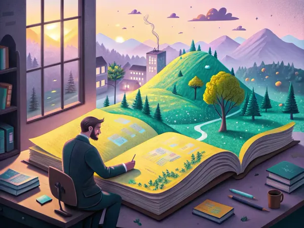 An accountant working on a giant ledger book that transforms into a lush landscape, symbolizing the integration of nature and finance in asset accounting.
