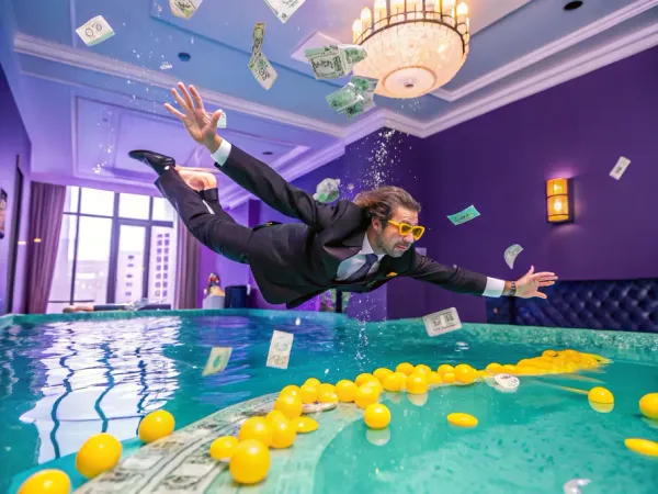 A business person diving into a vibrant pool of cash, symbolizing the influx of money from cash sales.