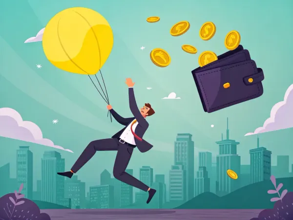 A whimsical businessperson in a suit reaching for a helium balloon-shaped wallet while coins fall around them in a bright cityscape.