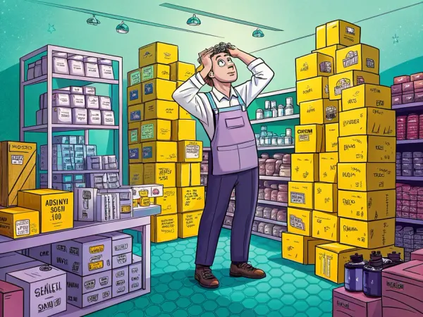 Retail worker puzzled by numerous boxes in a stockroom, representing the complexities of merchandise inventory management