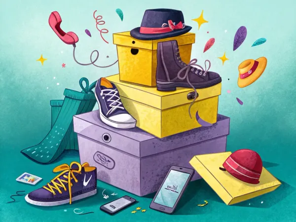 Colorful illustration of assorted items like footwear, hats, and a phone, symbolizing returned goods related to sales returns and allowances.