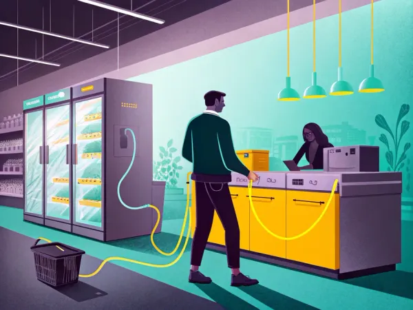 Illustration of a man in a store connected by a yellow cord to various appliances symbolizing revenue recognition in GAAP.