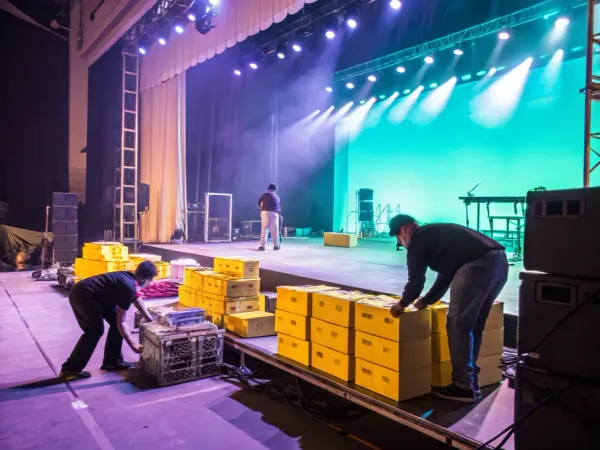 Workers manage inventory on stage with yellow crates representing the calculation of Cost of Goods Sold (COGS)