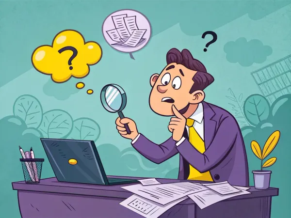 Confused businessman analyzing financial documents with magnifying glass and question mark thought bubble