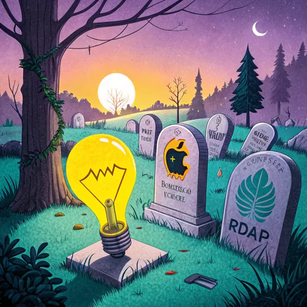 Illuminated light bulb in a graveyard symbolizing startup failure and lost potential, amidst tombstones with startup logos under a twilight sky