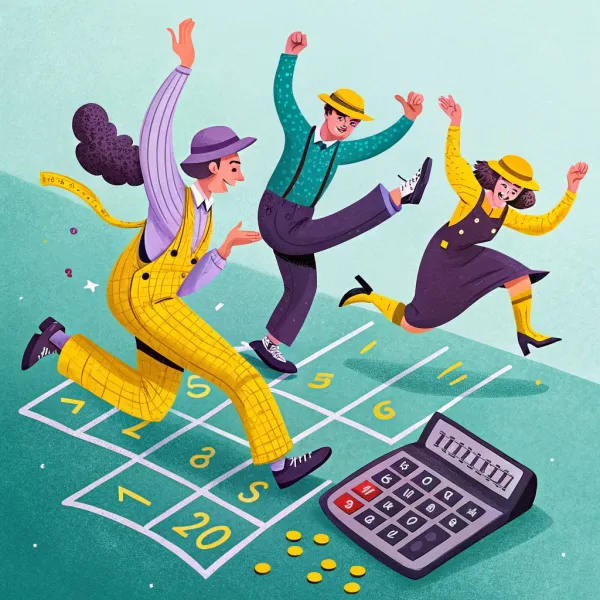Illustration of three joyful people jumping over a giant calculator, surrounded by coins and numbers, symbolizing the excitement and dynamics of accounting