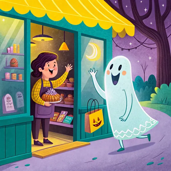 Illustration of a friendly ghost visiting a bakery, where a woman offers a pie, symbolizing trust and credit relationships in business