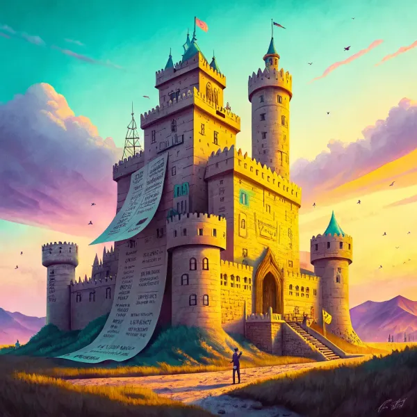 Illustration of a majestic castle with walls covered in financial terms symbolizing a fortress balance sheet