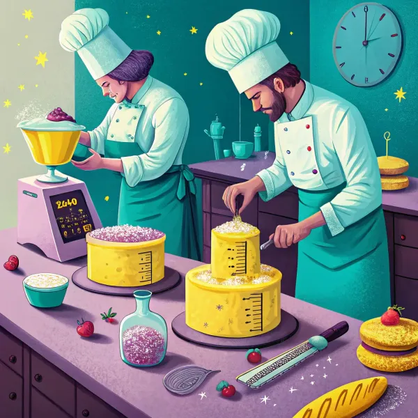 Chefs preparing intricate cakes using scientific and precise methods