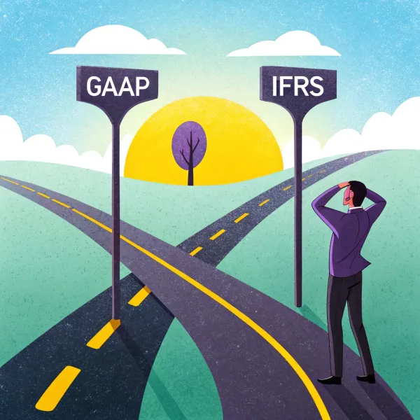 An illustrated crossroad with two road signs labeled 'GAAP' and 'IFRS', and a businessman looking puzzled at the divergent paths.