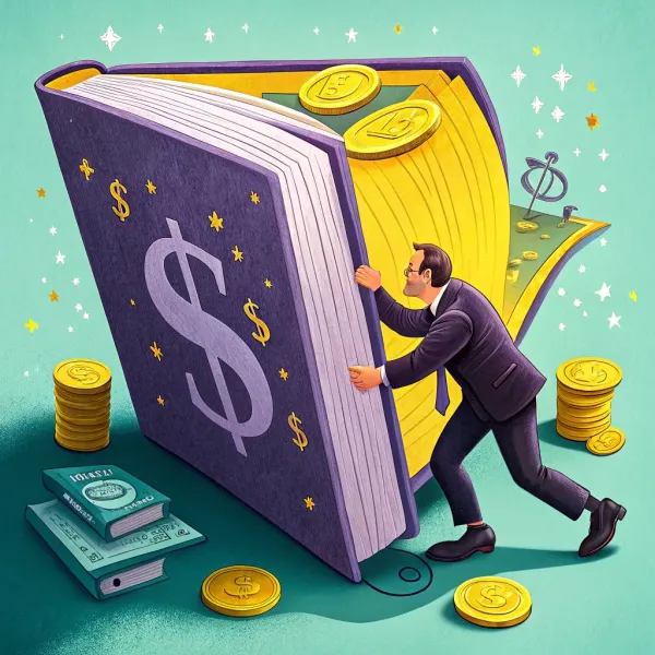 Illustration of a man opening a large book with symbols of money and financial elements emerging from it