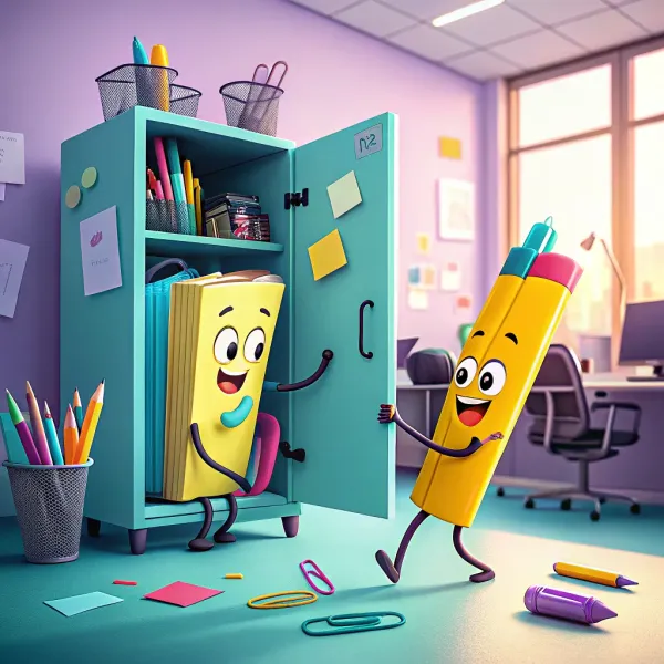 Animated office supplies characters, including a notebook and a pen, cheerfully interacting near an open supply cabinet