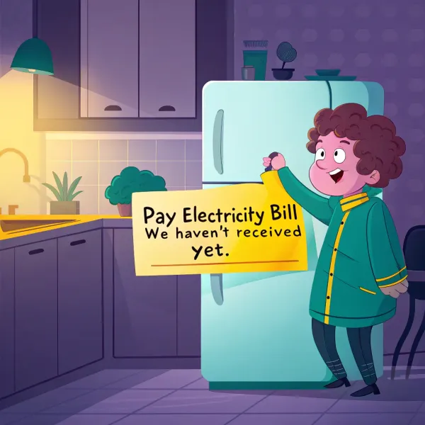 Cartoon image of a person placing a reminder note on a refrigerator to pay the electricity bill which has not yet been received