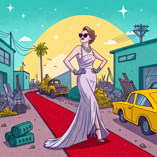 Illustration of a glamorous woman in a silver gown on a red carpet with vintage cars and palm trees in the background, symbolizing brand value and reputation as intangible assets