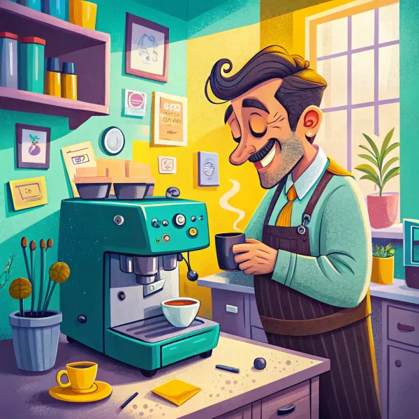 Playful business owner enjoying a cup of coffee in a colorfully decorated kitchen with a professional espresso machine