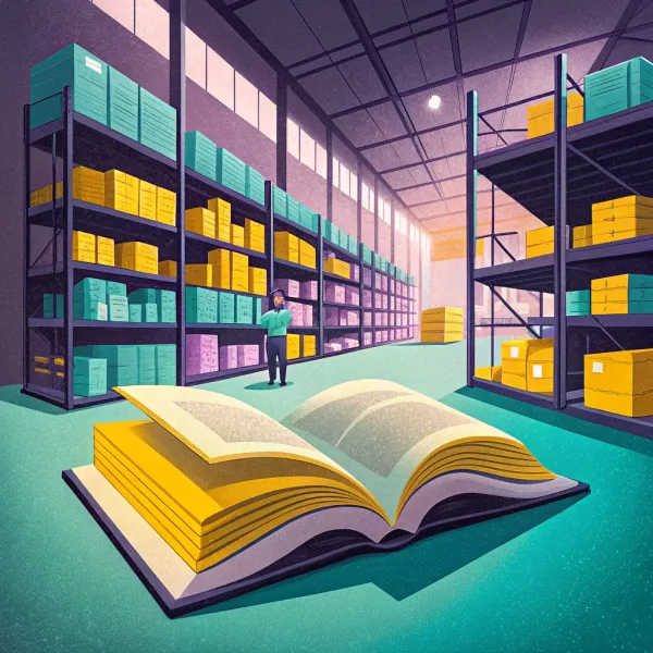 Illustration of a warehouse with colorful boxes and a giant open book in the foreground, symbolizing inventory adjustments