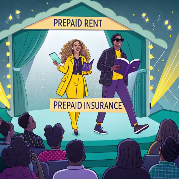 Illustration of two stylish people on a stage with labels Prepaid Rent and Prepaid Insurance, addressing an audience