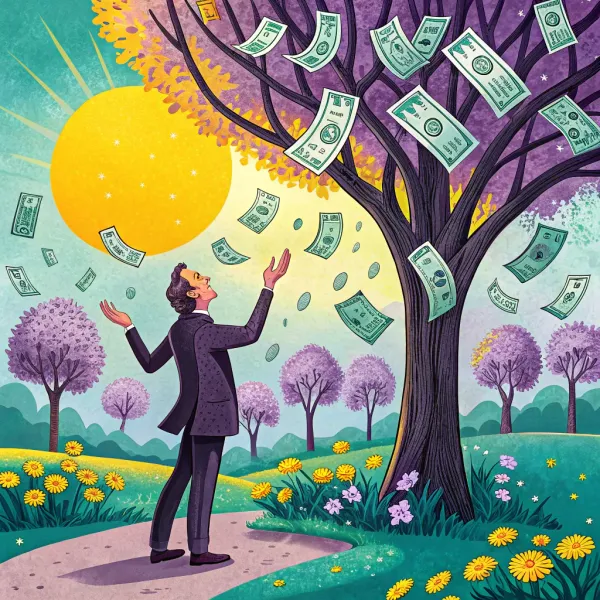 Illustration of a man joyfully catching falling money from a tree under a bright sun, symbolizing accrued revenue