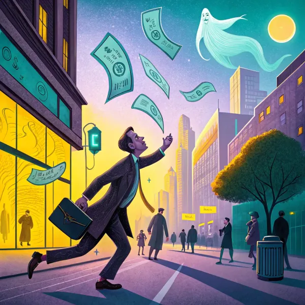 Illustration of a man chasing flying money with a ghostly figure in a business district under a moonlit sky