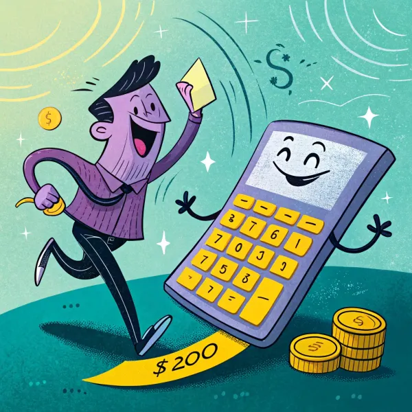 Illustration of a man in purple shirt happily holding a yellow note with a calculator showing $200 and coins
