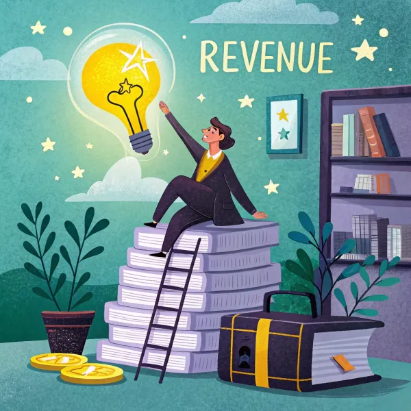 Illustration of a businesswoman sitting on a stack of books reaching for a glowing light bulb labeled 'REVENUE'