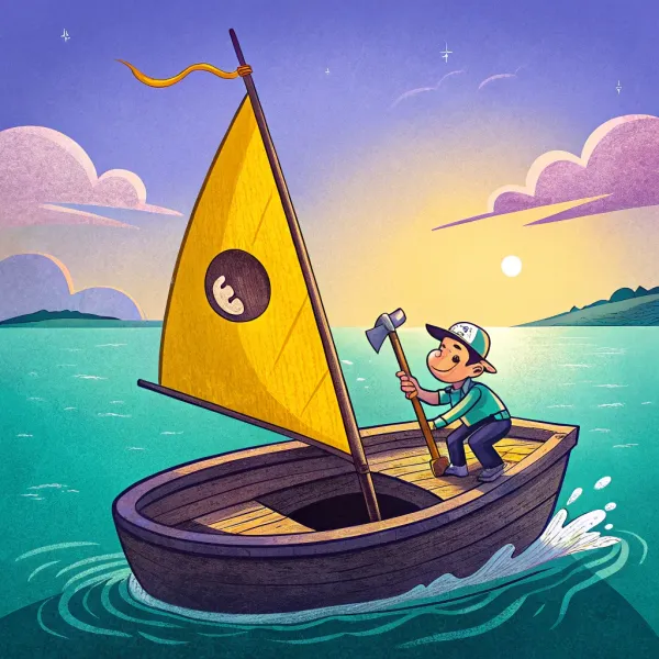 Cartoon of a businessman sailing in a small boat with a yellow sail bearing a dollar sign, navigating calm seas at sunset
