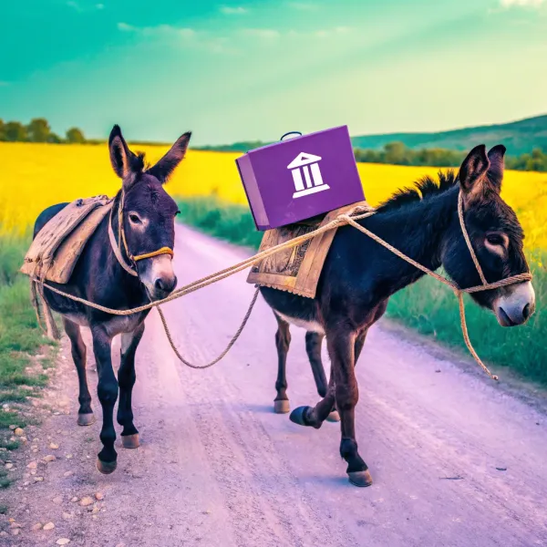 Two donkeys carrying loads, one with a bank building icon on the side, symbolizing financial burdens and expenses