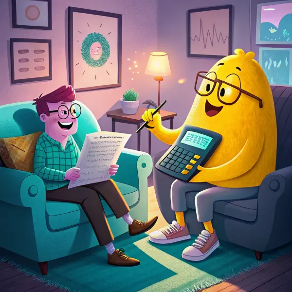 Animated scene of a man and a calculator character examining financial documents in a cozy living room