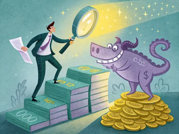 A whimsical depiction of an accountant examining a mythical beast made of invoices and numbers.