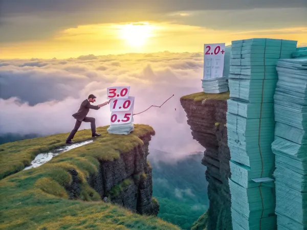 A businessman standing at the edge of a crumbling cliff made of financial documents, holding a glowing tablet with a downward trend graph.