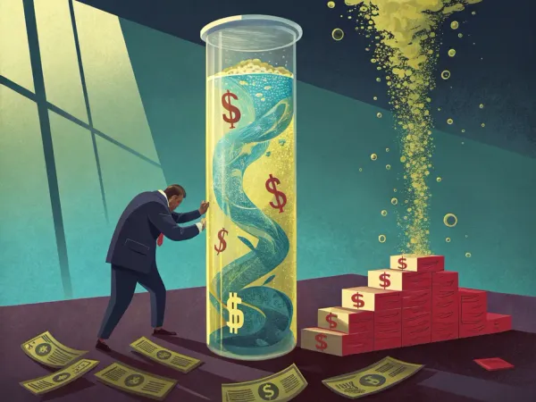 An illustration of a giant test tube filled with blue and gold liquid, depicting financial health through liquidity ratios like quick and current ratios.