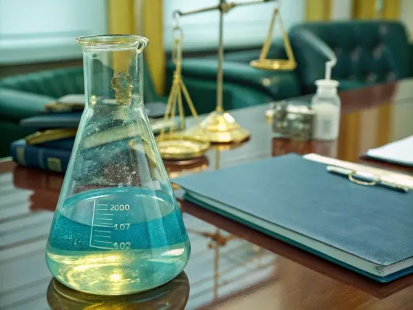 Close-up of a laboratory flask containing a glowing blue liquid, symbolizing the equity ratio.