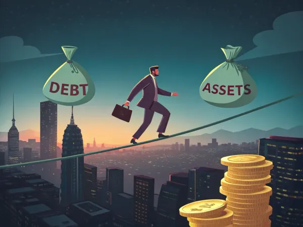 A businessperson walking on a tightrope made of glowing coins, balancing bags labeled 'DEBT' and 'ASSETS' against a cityscape at dusk.