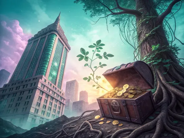 Vibrant image of a modern building growing from a tree entwined with a treasure chest overflowing with coins, symbolizing profit reinvestment.