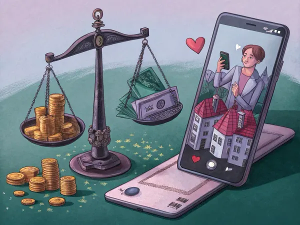 A whimsical illustration of a smartphone taking a selfie, with a vintage scale displaying assets and liabilities.