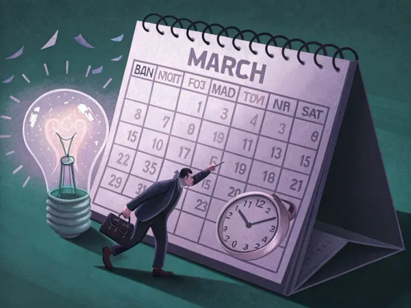A vintage-style desk calendar open to March, illustrating accrued expenses with ghostly images of a light bulb and clock.