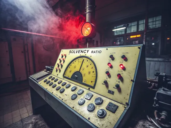 A vintage industrial control panel displaying a low solvency ratio with flashing red alarm lights.