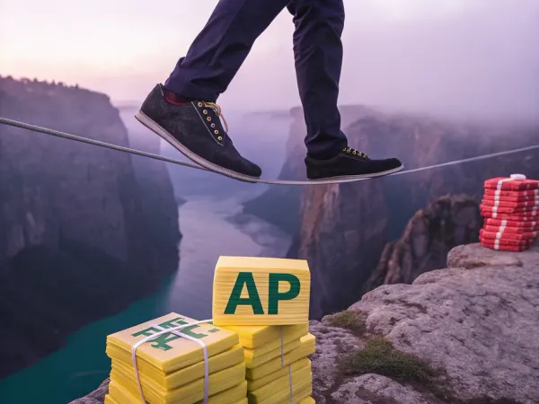 A business shoe balancing on a taut wire above red-tagged invoices labeled 'AP', symbolizing accounts payable management challenges.